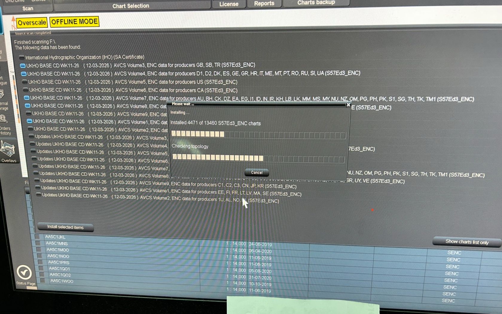 Transas RS6C ECDIS während Karten-Installation — UKHO AVCS S57Ed3 ENC-Charts werden via DIDI Chart Server geladen