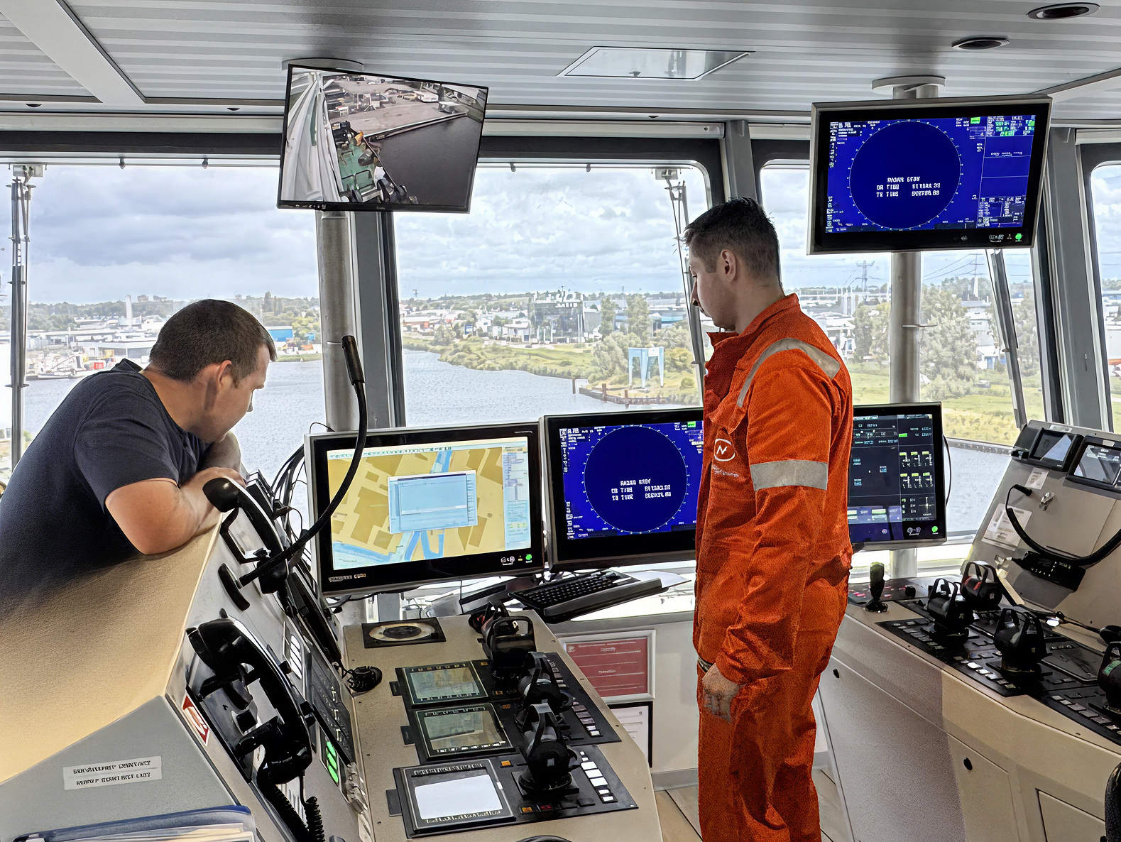 CRETEC Service Engineer übergibt DIDI Chart ENC-Update an die Crew der MV Lady Irina auf der Brücke in IJmuiden