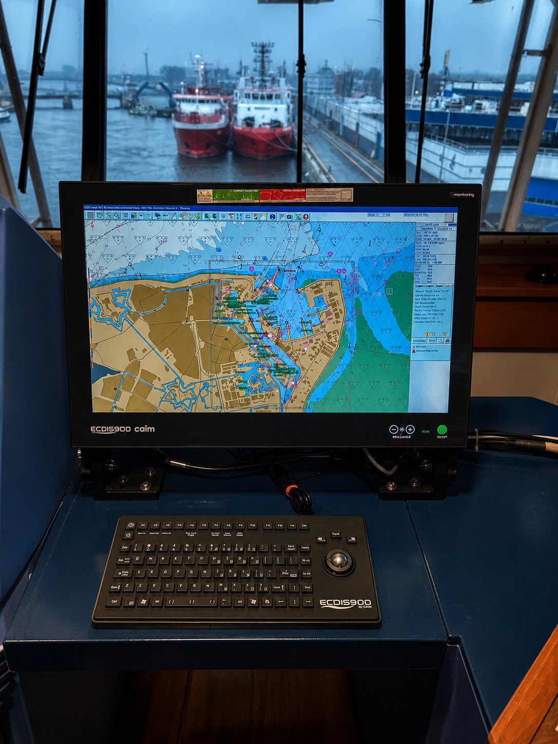 ECDIS900 Brücke mit Hafenblick in Den Helder — CRETEC Schiffstechnik Inbetriebnahme für Datema Nautical Safety